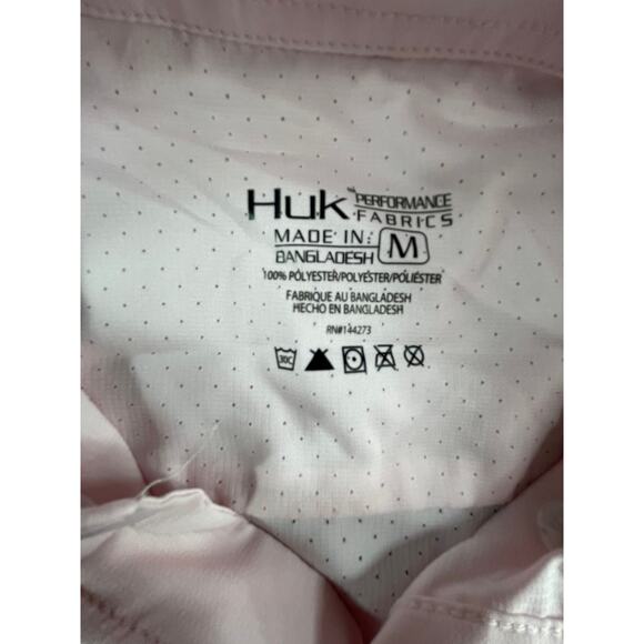 Huk Performance Fishing Shirt Mens Medium Pink Button Up Short Sleeve Pockets - Picture 2 of 6